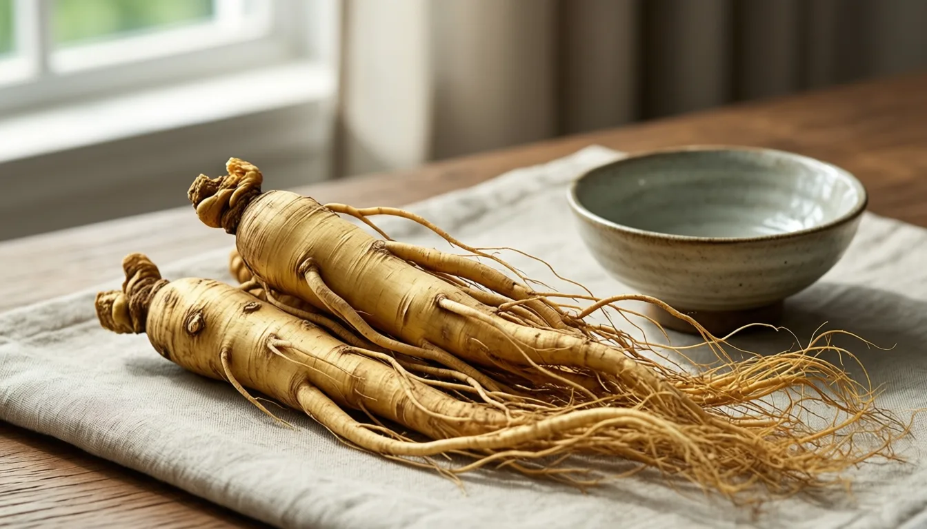 Fresh ginseng roots on a linen cloth