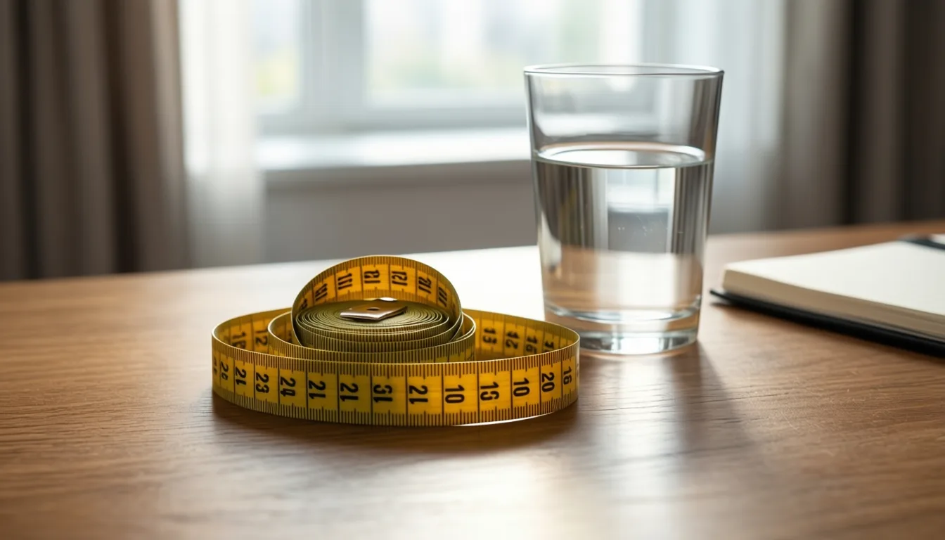A cloth measuring tape on a wooden table next to a glass of water