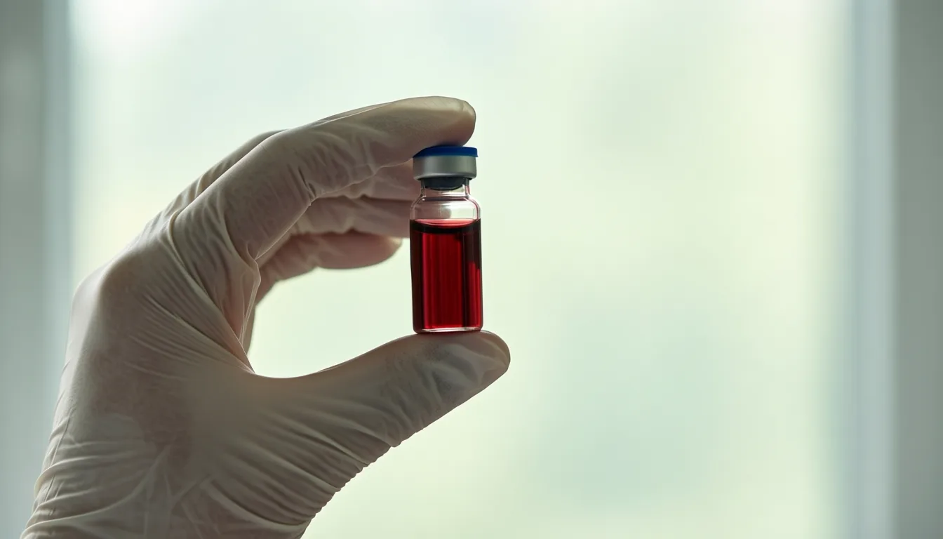 A small vial of blood held by a gloved hand in soft light