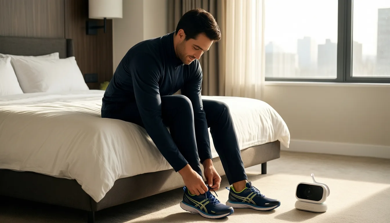 A parent lacing running shoes on the edge of a bed at dawn