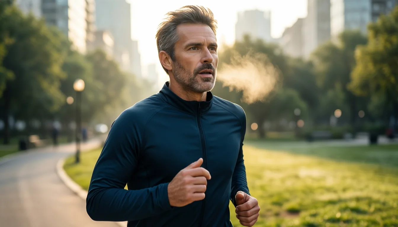 Middle-aged man running in park at sunrise