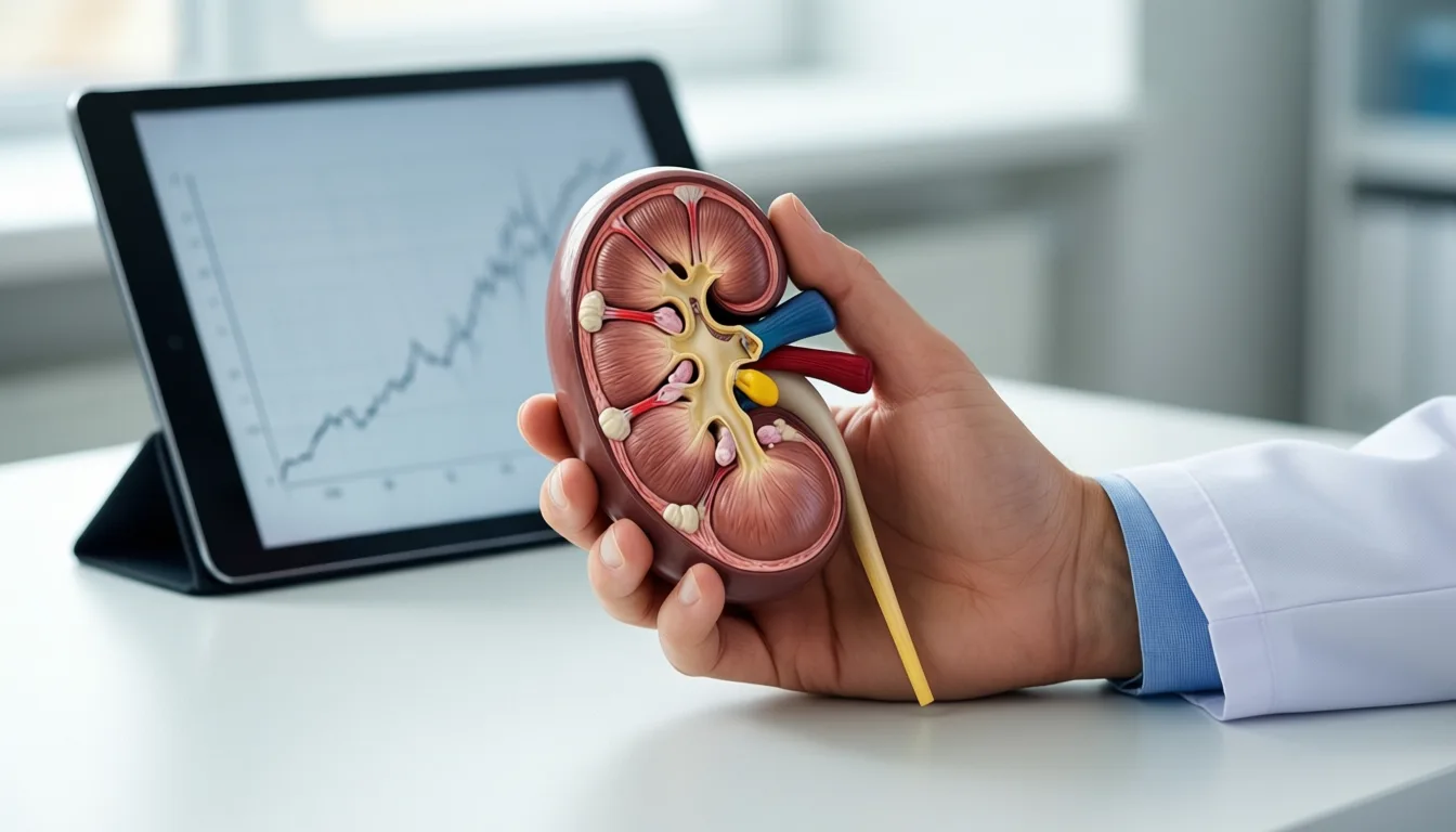 kidney model on a desk with charts behind