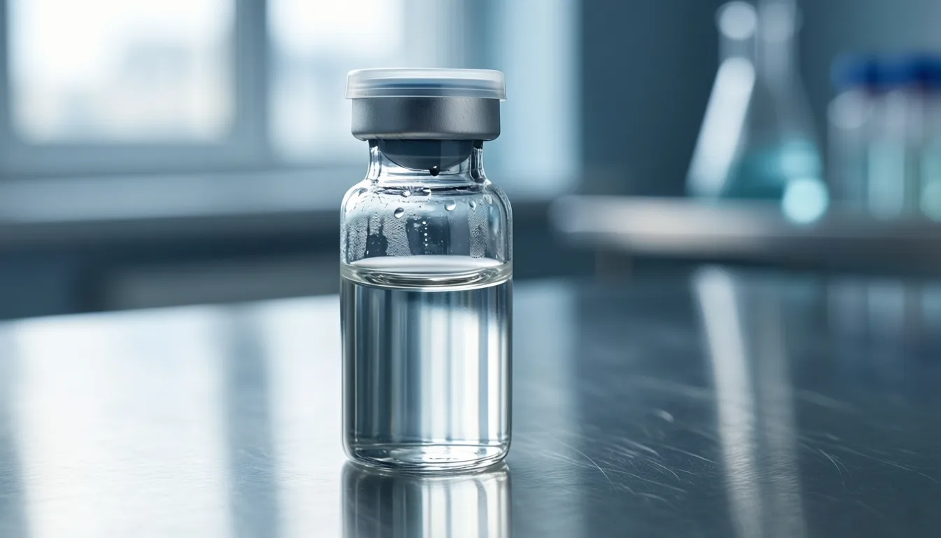 clear peptide vial on a steel lab bench