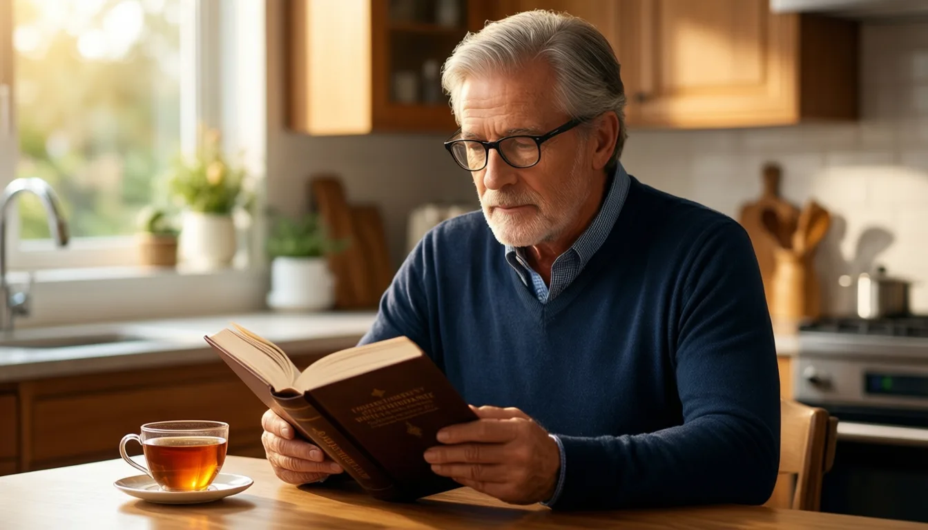 An older man reading a book at a kitchen table in soft morning light.