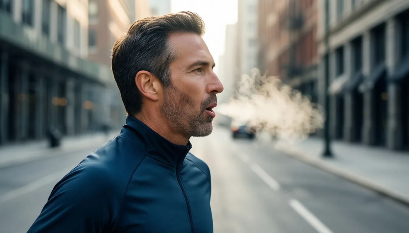 Middle-aged runner exhaling in cold morning air