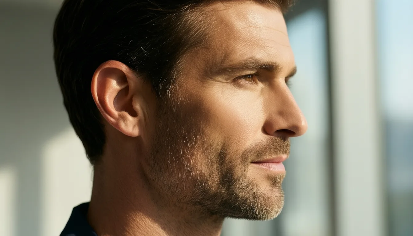Profile of a lean middle-aged man in morning light