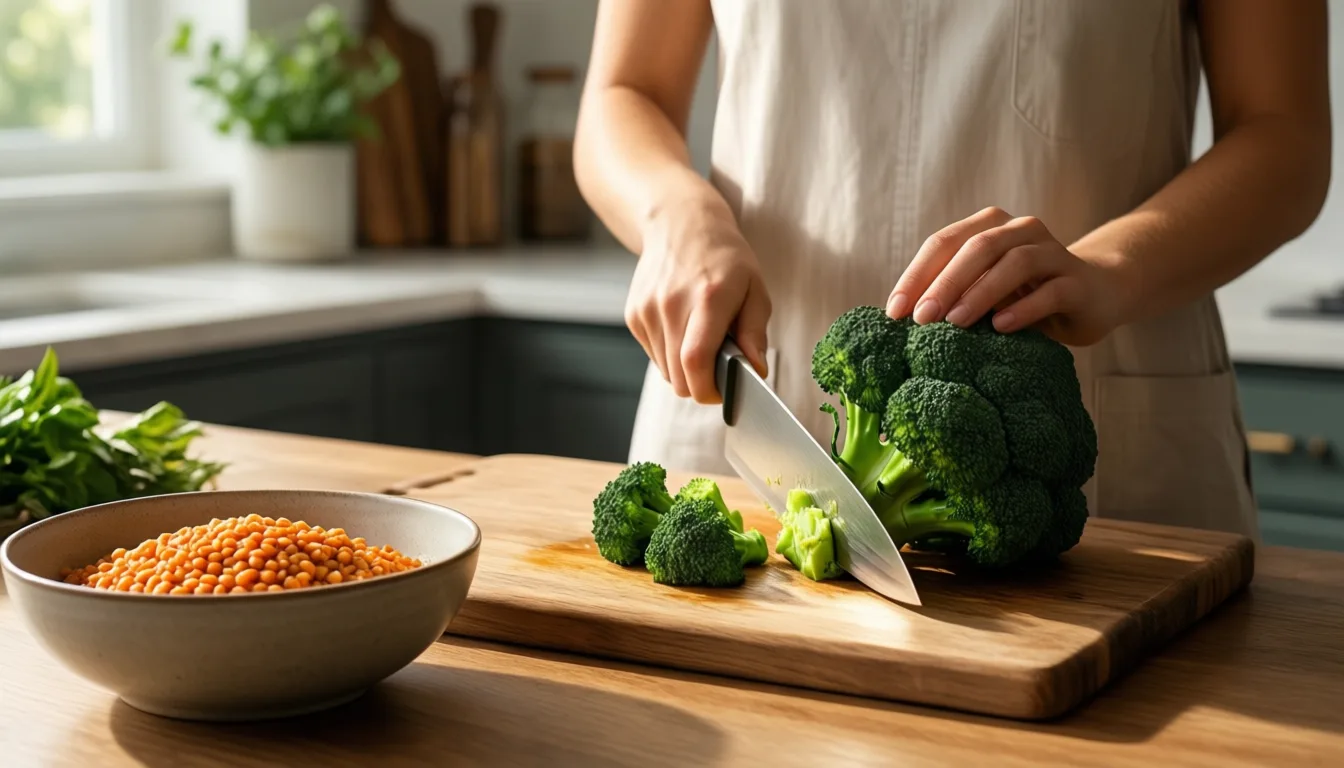 A young woman chopping broccoli in a sunny kitchen next to a bowl of lentils