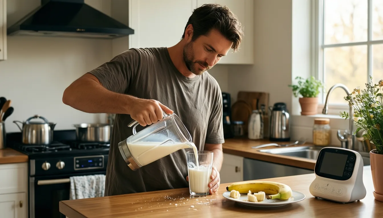 A tired parent pouring milk in a busy morning kitchen