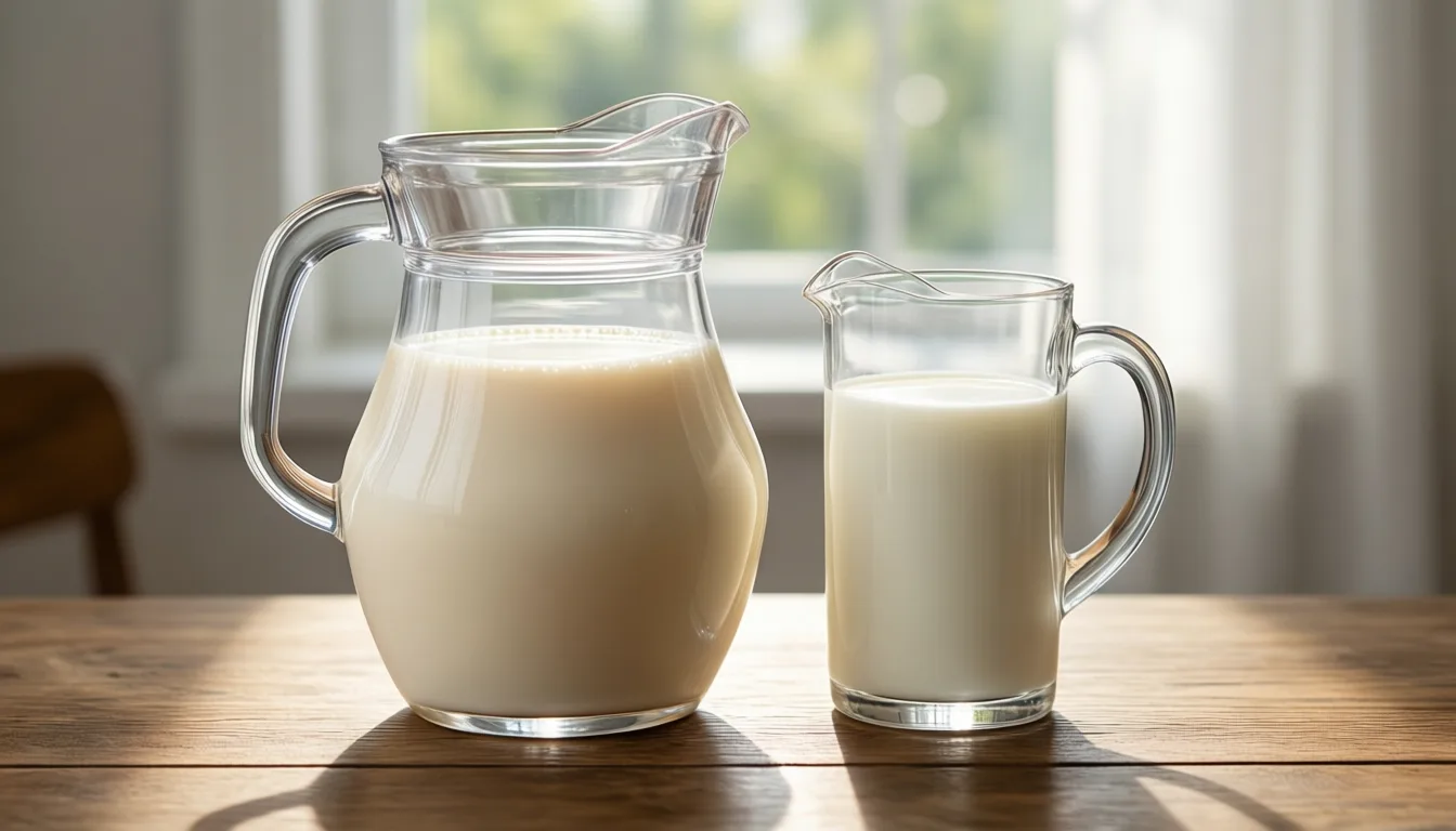 Pitchers of soymilk and cow's milk side by side