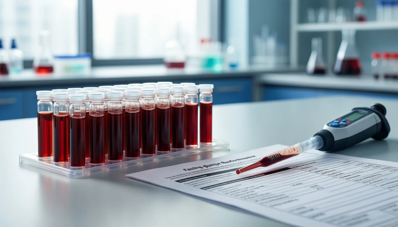 Rack of serum sample vials on a laboratory bench beside a lab report