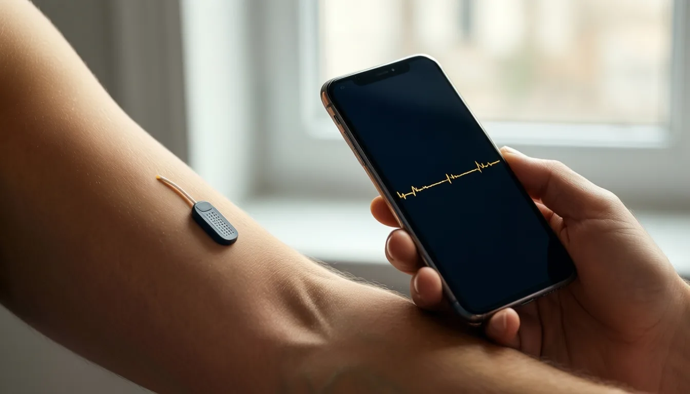 Continuous glucose monitor on an upper arm with smartphone trace