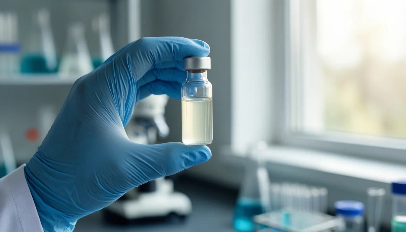 a gloved hand holds a small vial in a lab