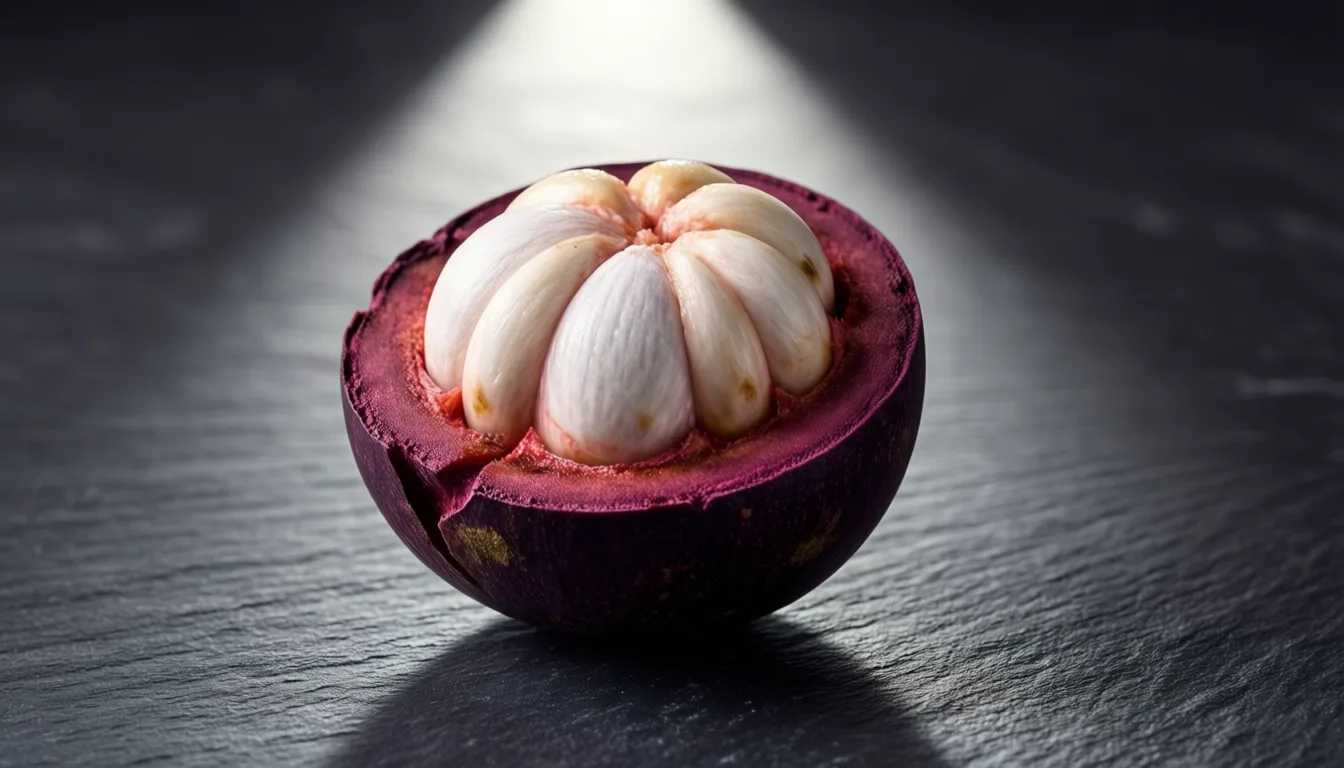 Halved mangosteen on dark slate