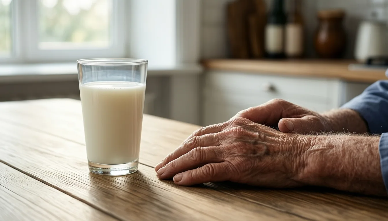 Hands of an elderly person on a wooden table next to a glass of fermented dairy
