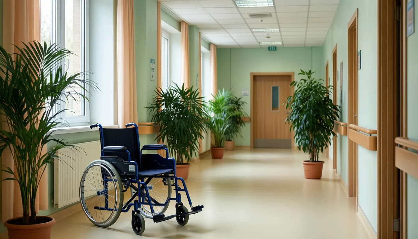 A bright, empty corridor inside a nursing home with afternoon light