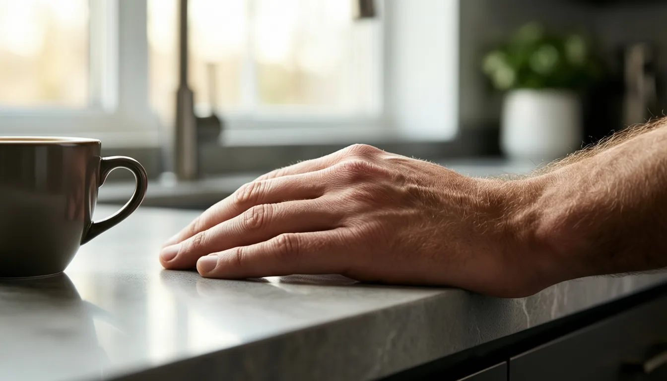 An adult hand resting on a kitchen counter in morning light