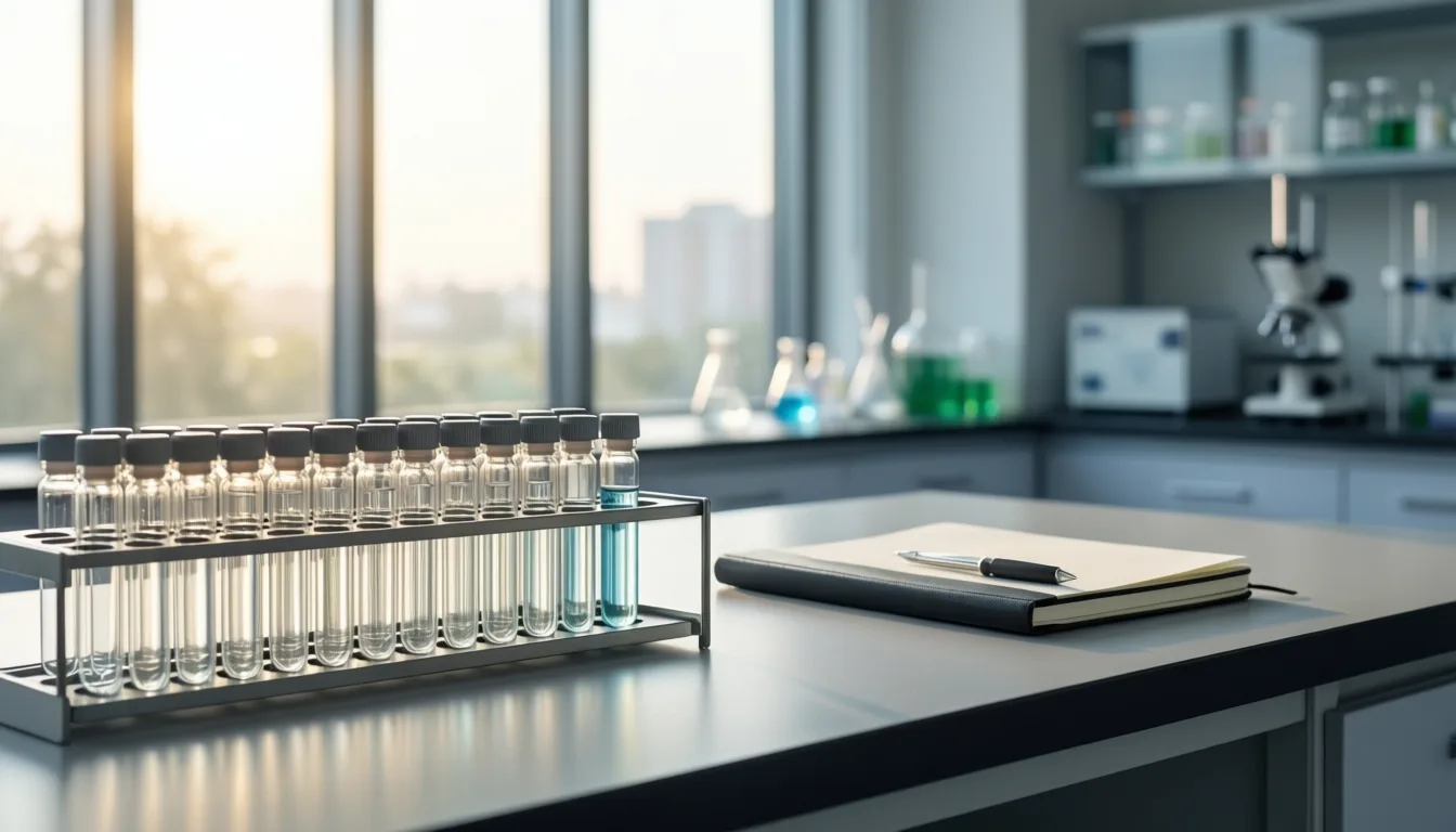 Rows of pharmaceutical sample vials on a lab bench.