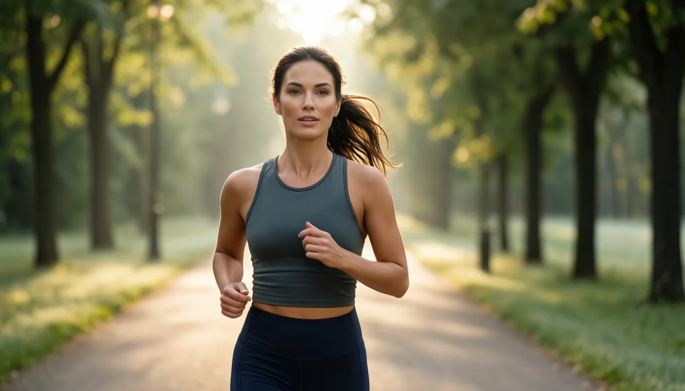 A woman walking briskly on a tree-lined path in morning light