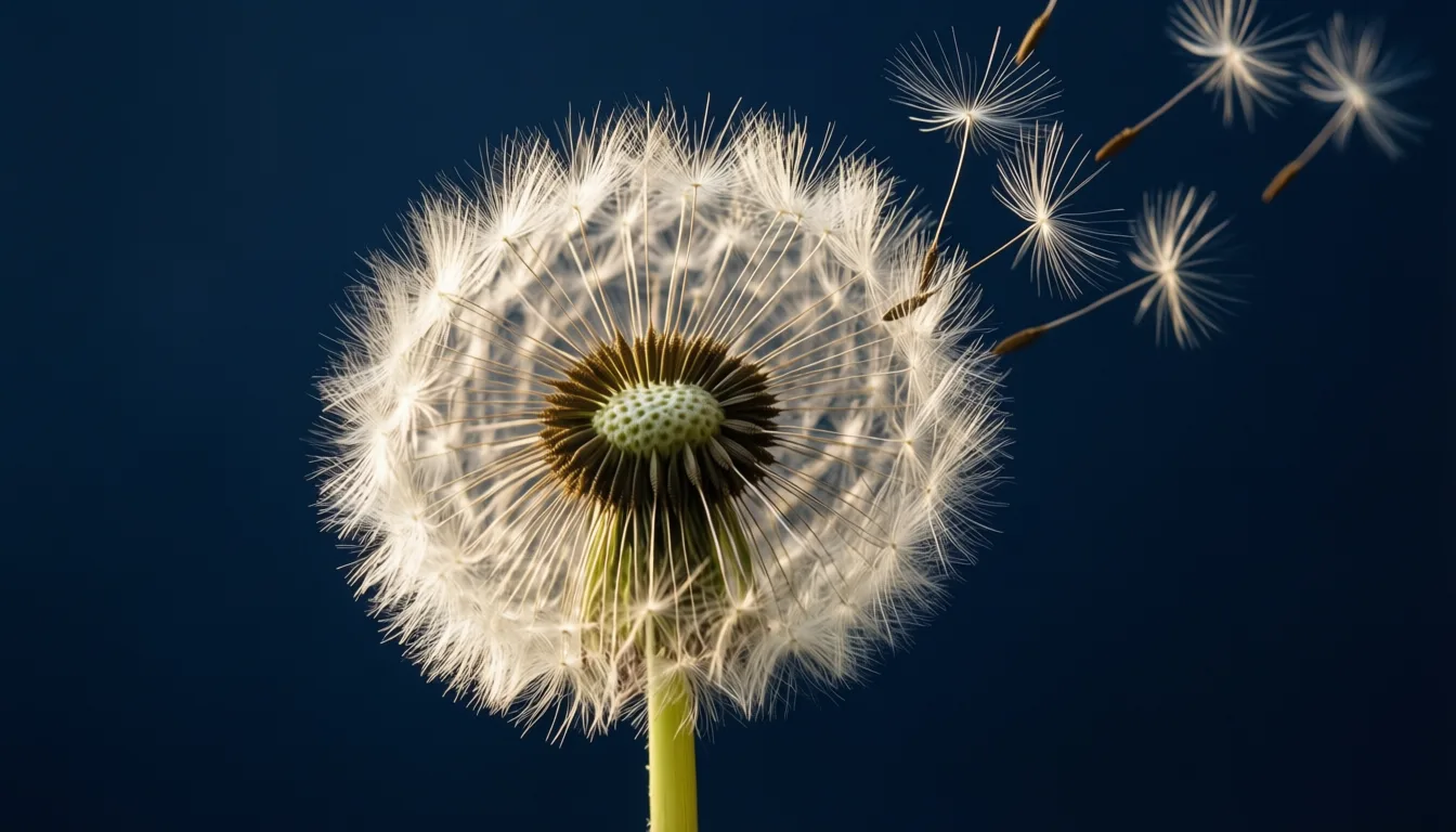 dandelion seeds floating away from a dark background