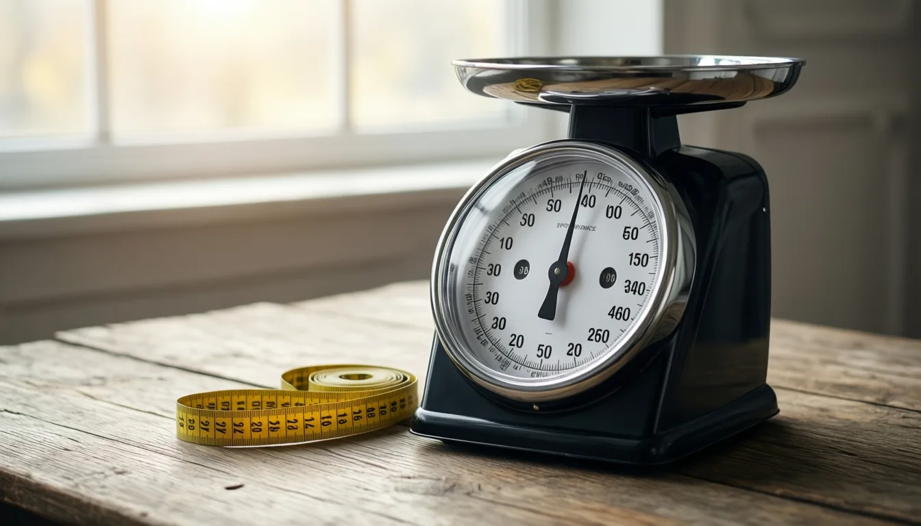 Bathroom scale and measuring tape on a wood floor