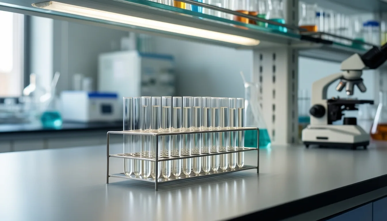 Rows of small clear sample tubes in a laboratory rack