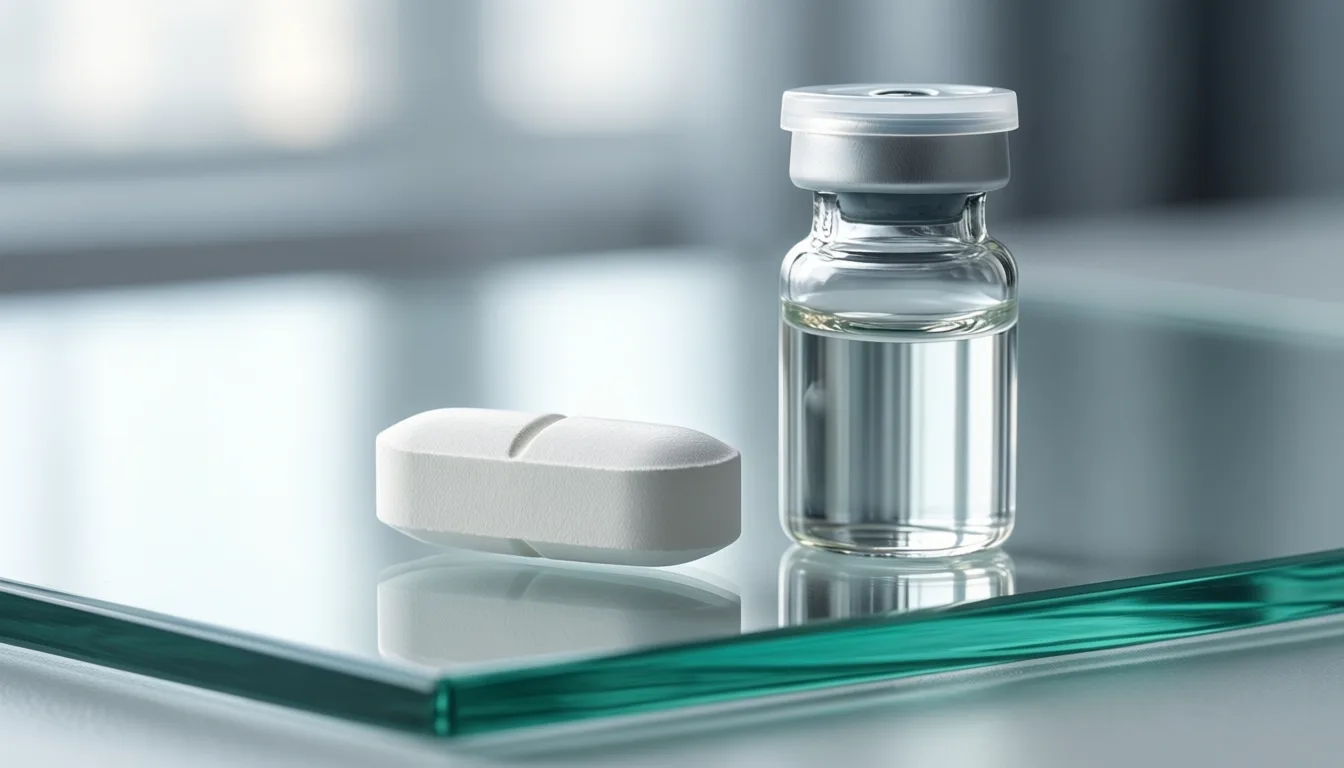 A single white tablet on a glass surface