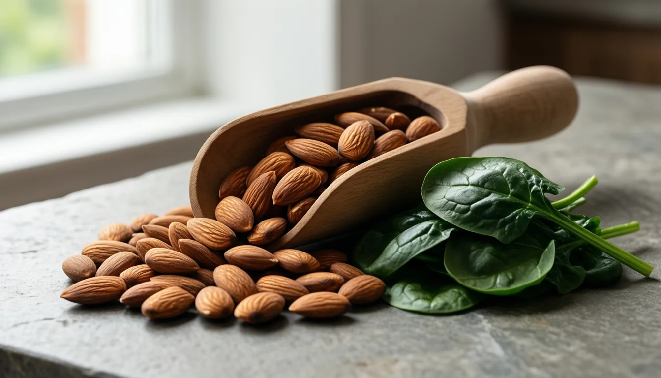 Almonds and spinach on a stone counter