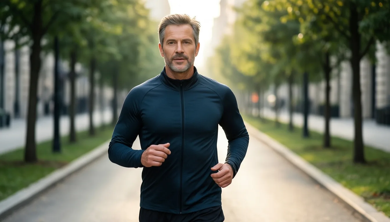 A man walking on a tree-lined urban path in the morning