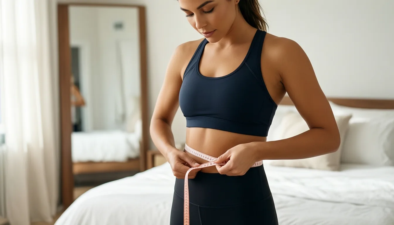 A woman measuring her waist at home