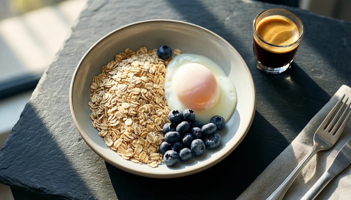 An early-morning athlete's breakfast photographed in natural light
