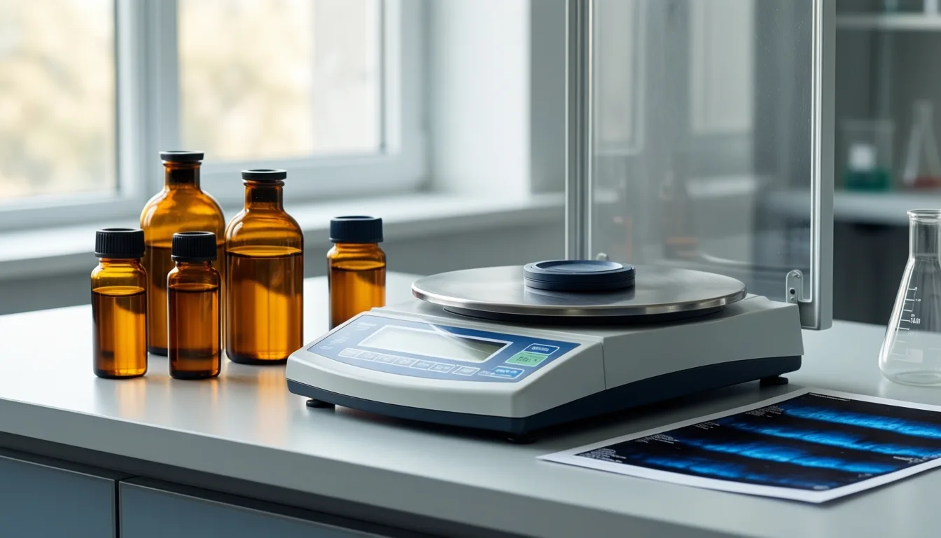 Analytical chemistry bench with vials and a chromatogram printout