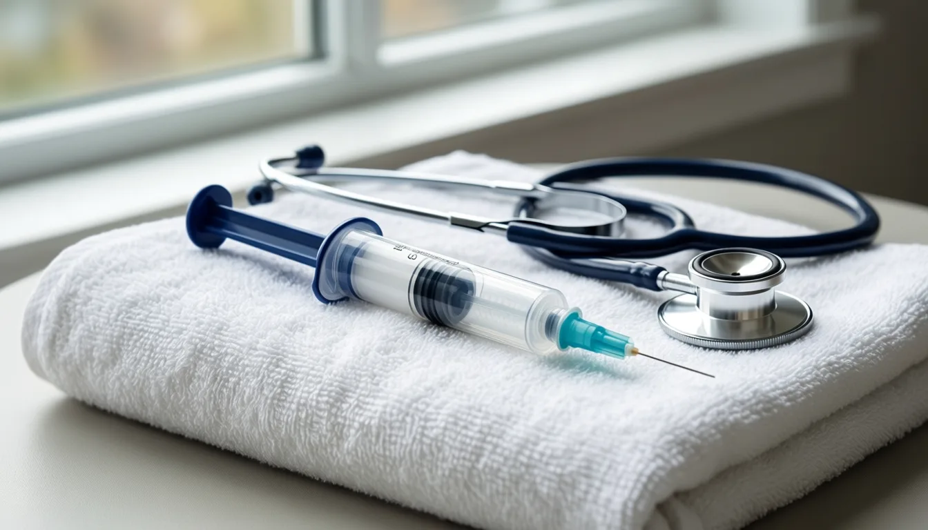 Auto-injector pen and stethoscope on a white towel