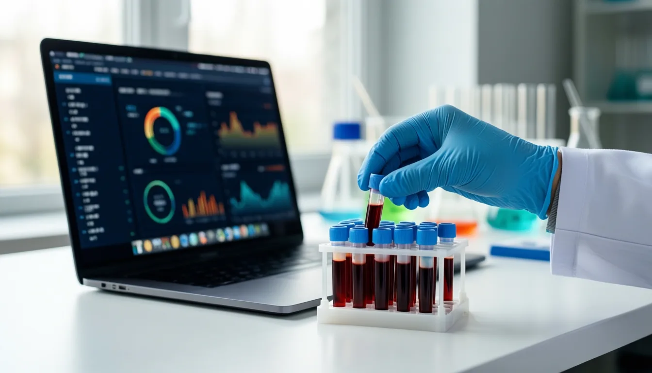 A gloved hand placing a blood sample tube next to a laptop with a data dashboard