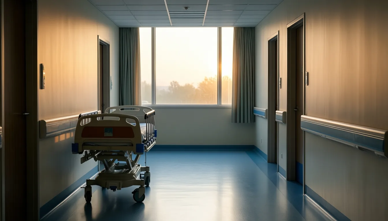 empty hospital corridor in morning light