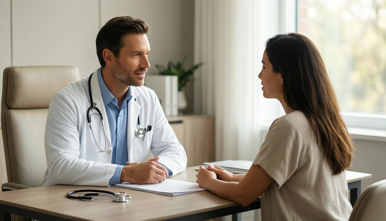 A patient and clinician talking in a clinic