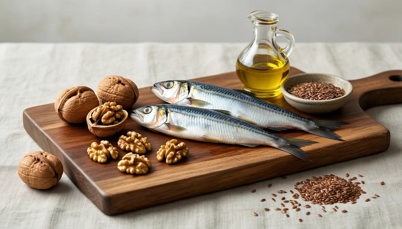 Walnuts, sardines, oil and flaxseeds on a linen-covered board