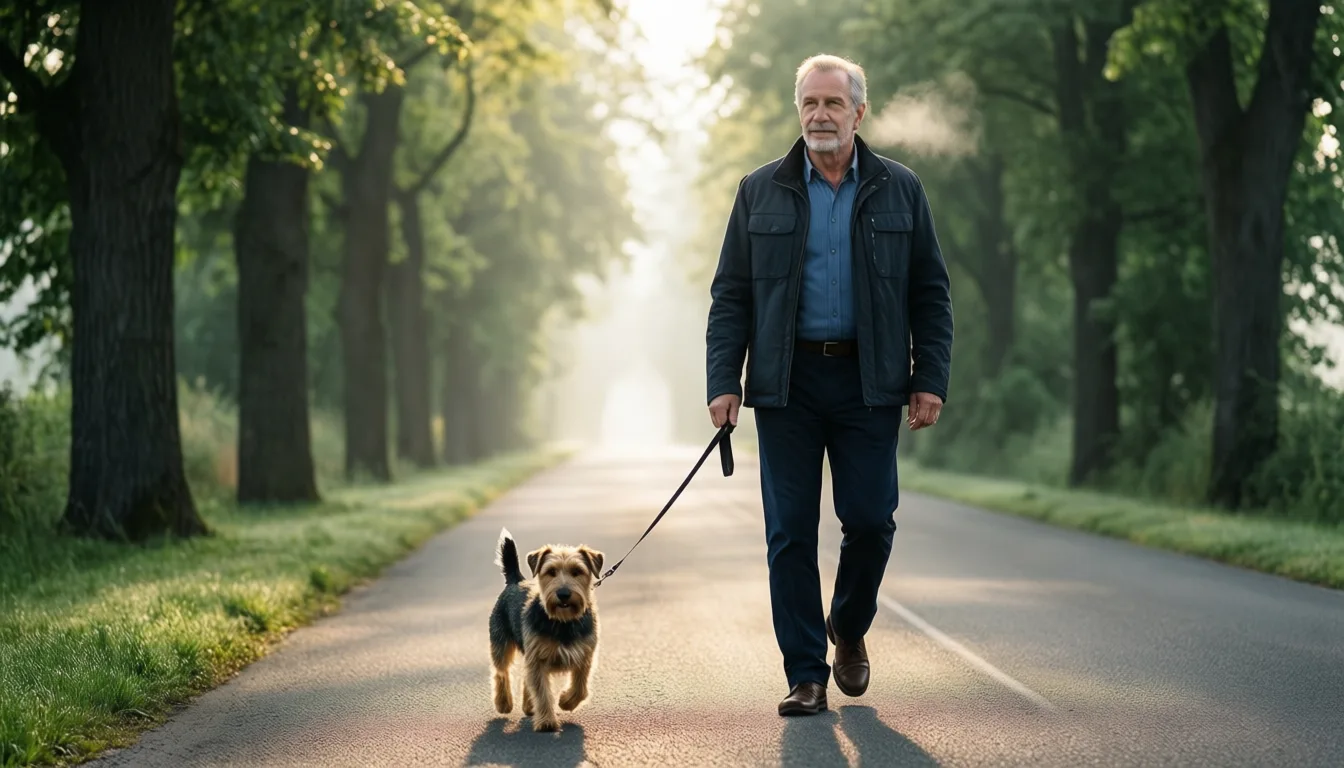 Older man walking a small dog on a quiet road at dawn