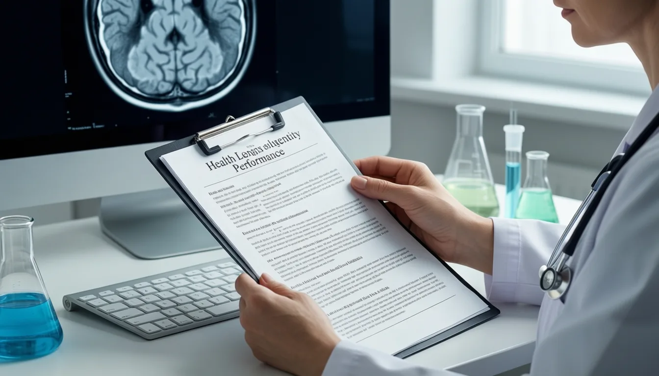 Clinician reviewing a lab report alongside a brain scan