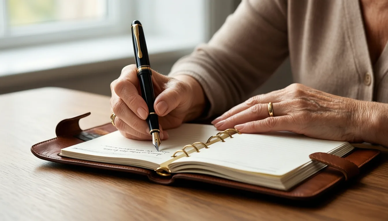 Older woman's hands writing in a journal with a fountain pen