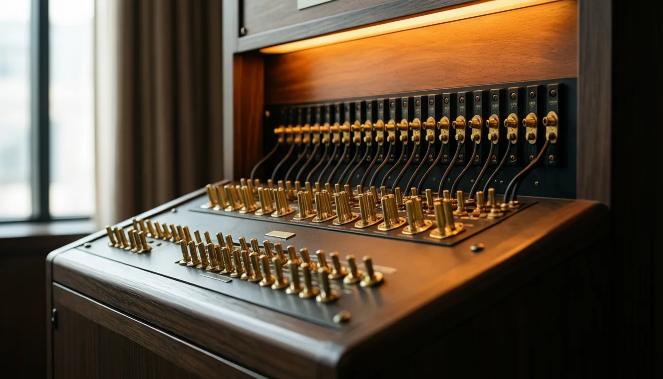 An analog switchboard with brass plugs and warm light