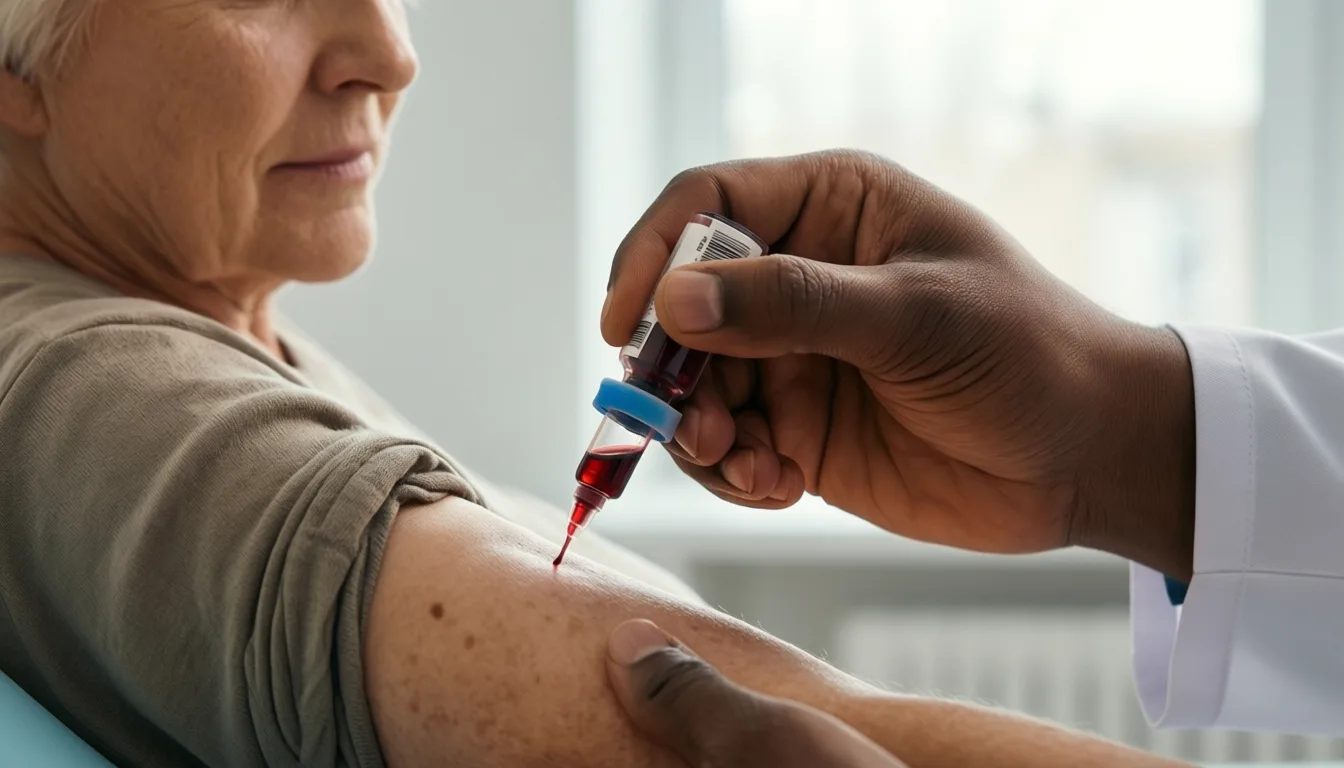 A clinician drawing blood from an older patient in a clinic