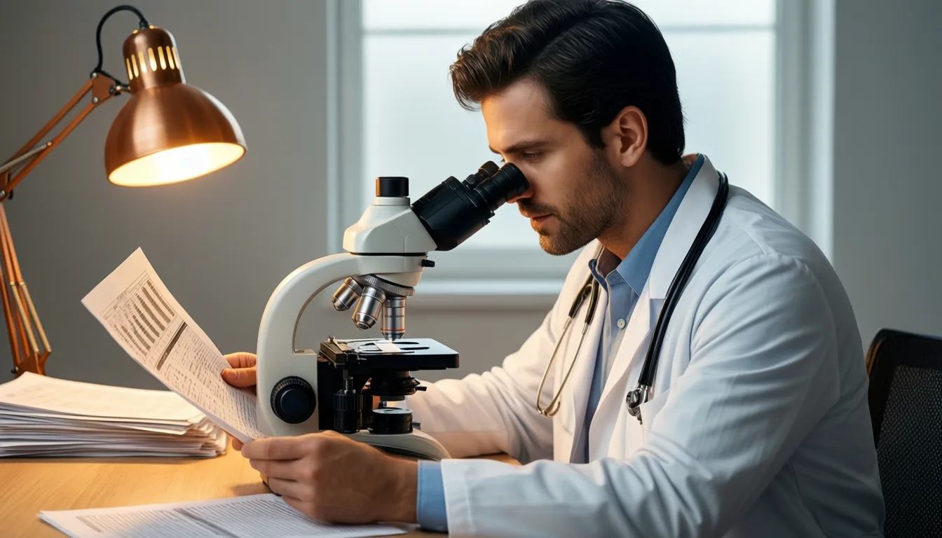 researcher reviewing a printed dataset at a microscope
