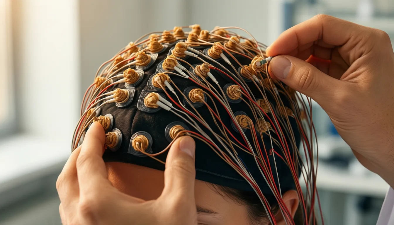 Researcher adjusting EEG electrodes on a headcap