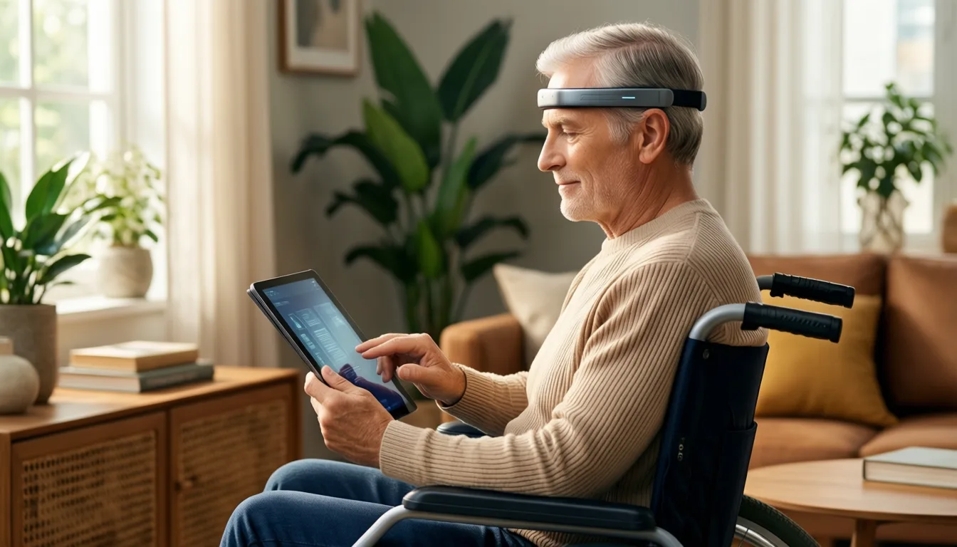 Older adult using an assistive device in a home setting