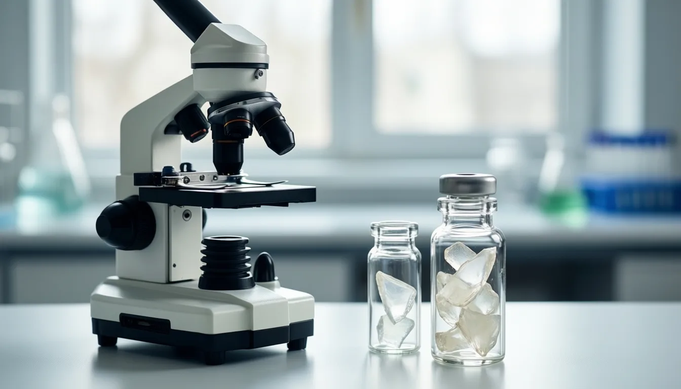 laboratory bench with microscope and sample vials