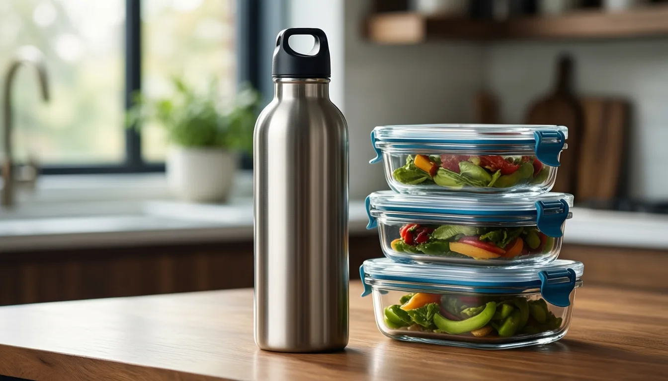 reusable stainless water bottle and glass storage containers