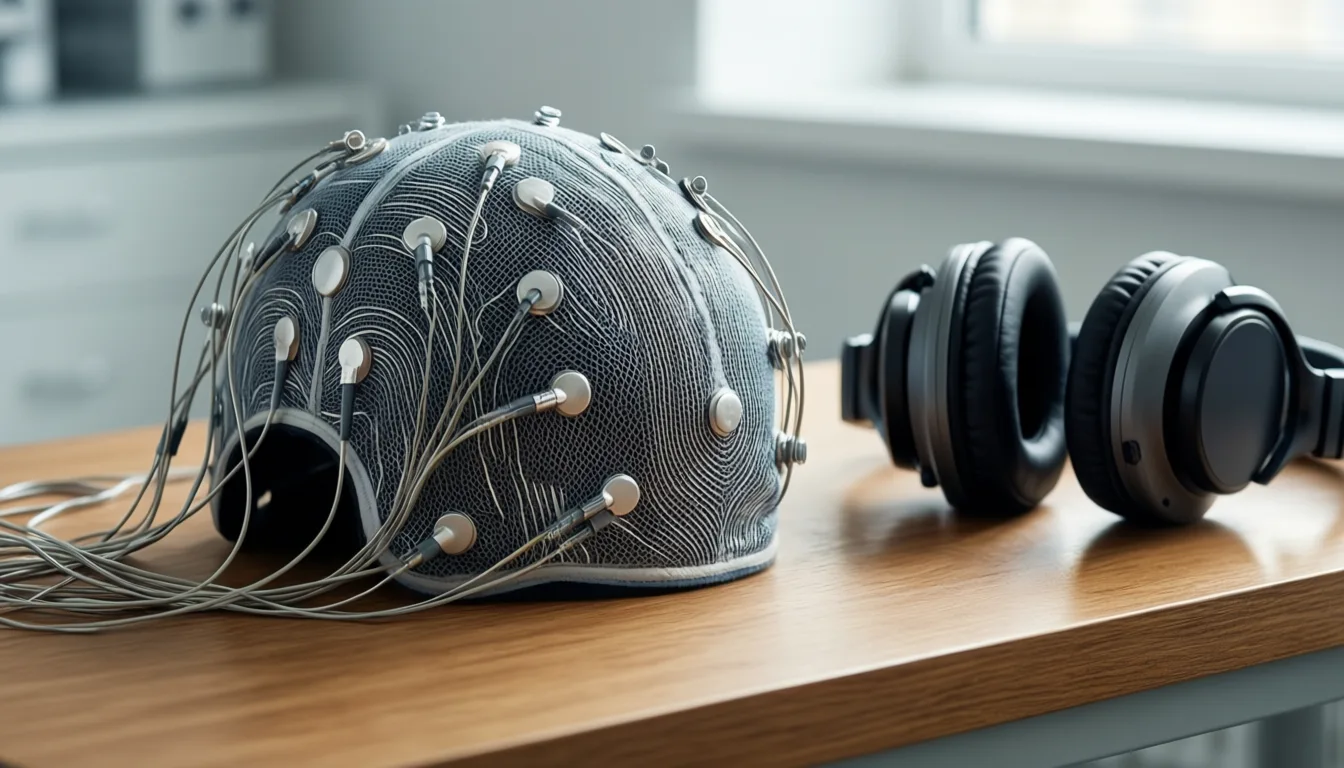 EEG cap and headphones on a laboratory bench