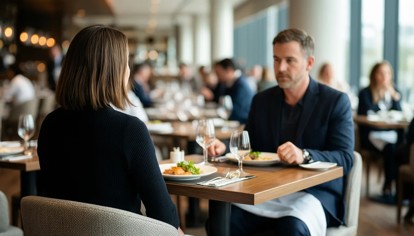 View across a restaurant table toward a dinner companion with blurred diners behind