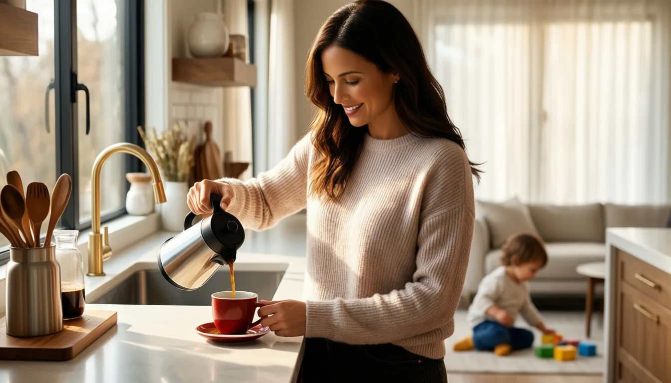 Parent pouring coffee in a sunlit kitchen with a toddler in the background