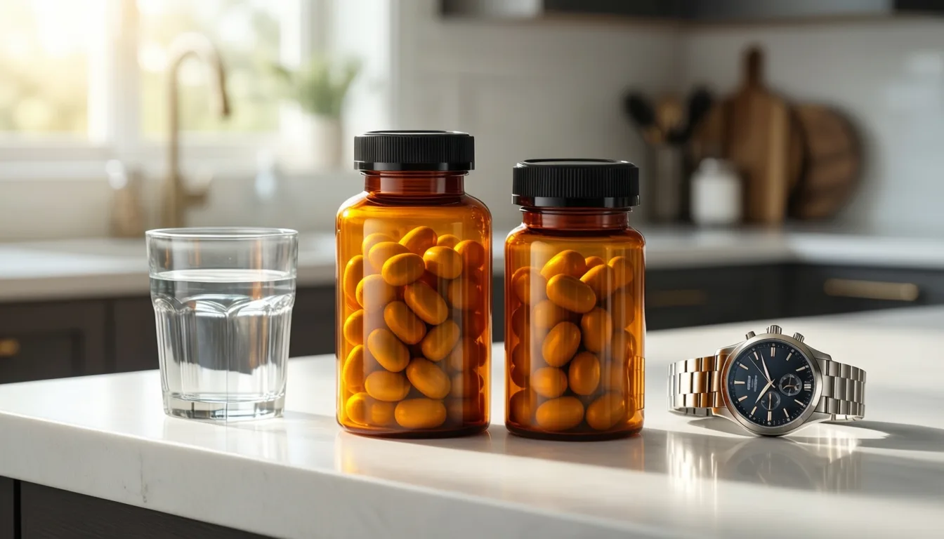 Two prescription bottles beside a glass of water and a wristwatch